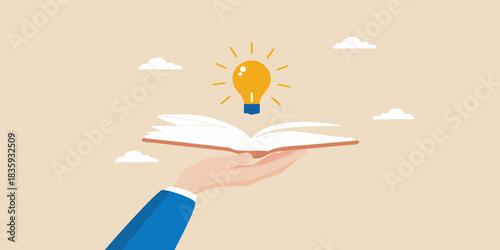 Open book with lightbulb above held by hand idea generation concept