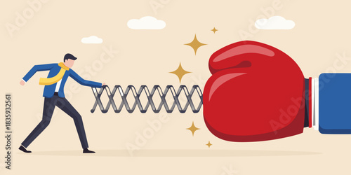Businessman resisting a punch with a spring resilience and determination concept