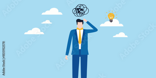 Businessman with confused thoughts finds a bright idea in the clouds
