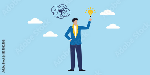 Businessman finds solution after confusion illustrated with lightbulb and clouds
