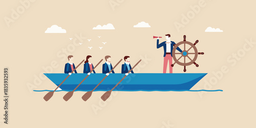 Business team rowing boat with leader at helm looking through spyglass