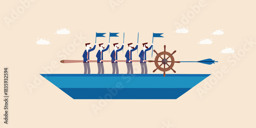 Teamwork and leadership businessmen rowing boat towards success together