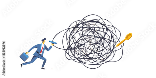 Businessman unraveling a complex problem with a golden spoon of opportunity