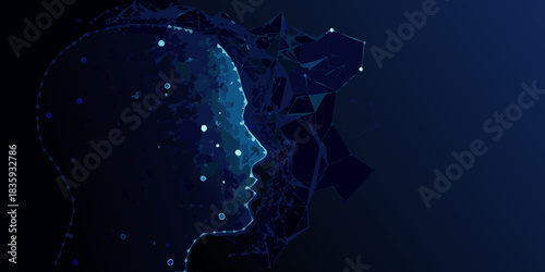 Abstract human head with neural network connection in dark blue tones