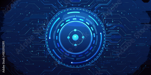 Futuristic technology background with circular element and circuit board pattern in blue