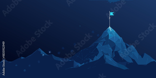 Abstract low poly mountain range with flag on top dark blue background