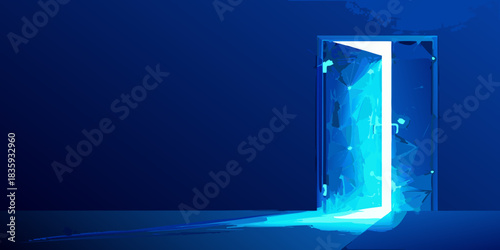 Open door with bright light in dark room abstract illustration