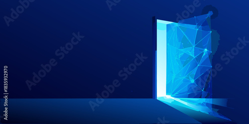 Abstract doorway with geometric light and shadow in deep blue
