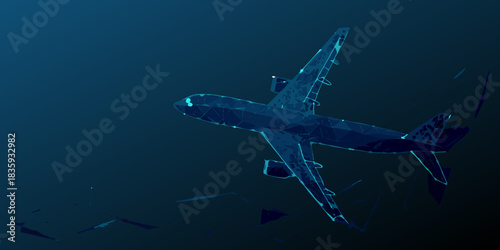 Abstract low poly airplane illustration on dark blue background