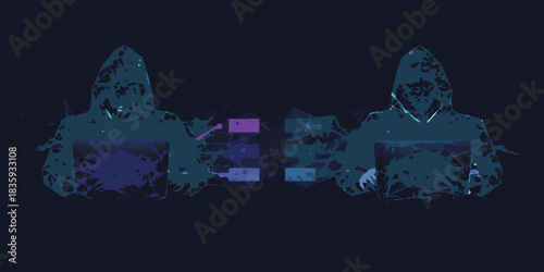 Abstract cyber security hackers with laptops and data flowing