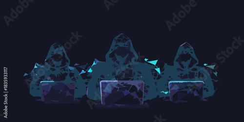Abstract hacker group with laptops in dark low poly style