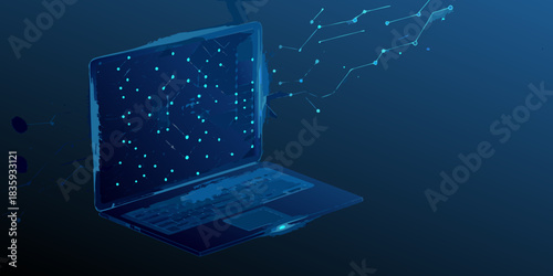 Abstract laptop with data flowing representing technology connectivity and digital communication