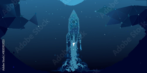 Low poly rocket launching into space with stars and constellations