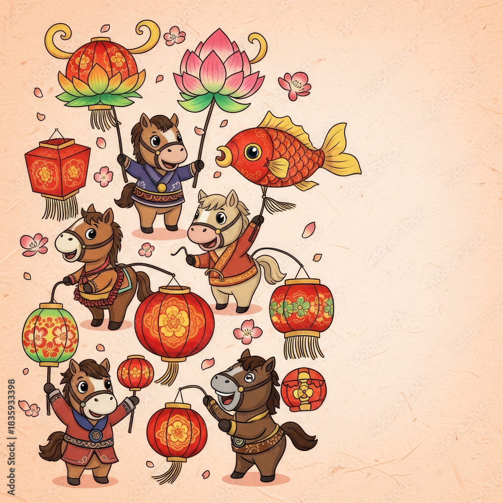 Fototapeta premium Cute Cartoon Horses Celebrating Chinese New Year with Lanterns and Fish.