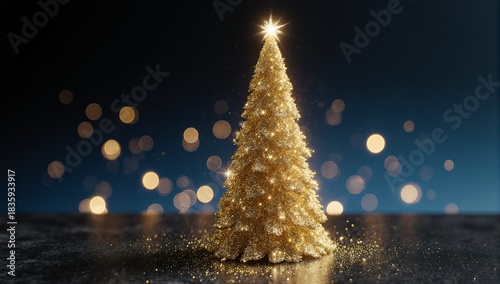 Golden Christmas tree with sparkling lights against a dark blue backdrop, featuring bokeh lights and glittering details for festive holiday decor.