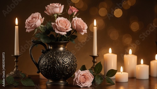 Elegant vintage vase with pink roses and glowing candles, creating a warm, romantic ambiance for home decor inspiration.
