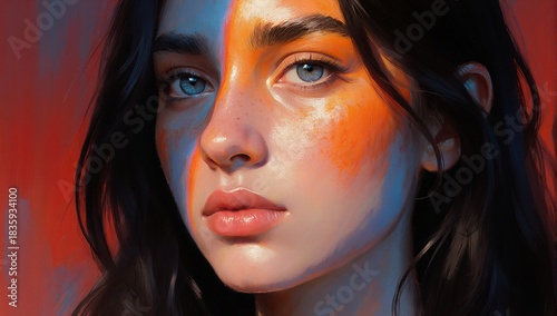 Vibrant digital portrait with contrasting orange and blue lighting on a woman's face, showcasing detailed skin texture and expressive eyes against a bold red background.