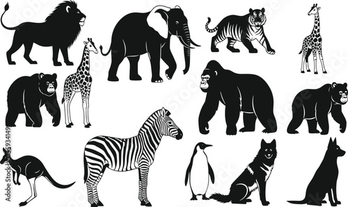 Collection of black animal silhouettes including lion elephant tiger giraffe bear gorilla zebra kangaroo penguin and dog