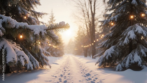 Snowy winter forest path at sunrise with snow-covered pine trees, string lights, and footprints. Serene, magical winter landscape for holiday inspiration.