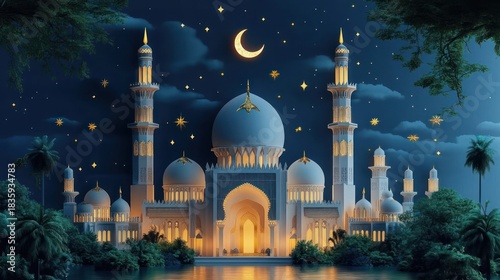 Illuminated mosque with multiple domes and tall minarets glowing warmly under a starry night sky with crescent moon surrounded by lush greenery and reflected in calm water