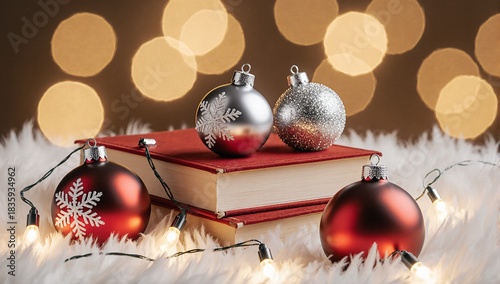 Christmas ornaments, books, and fairy lights create a cozy holiday scene with bokeh lights and fluffy white fur. Perfect for festive decor and seasonal inspiration.