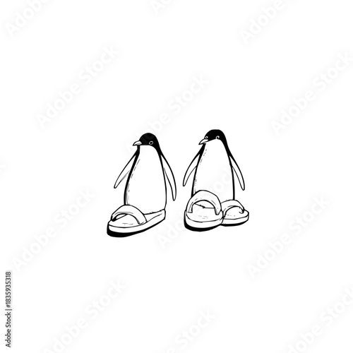 Penguins wearing sandals in black and white line art illustration, a whimsical summer vacation scene with birds, 100 chars