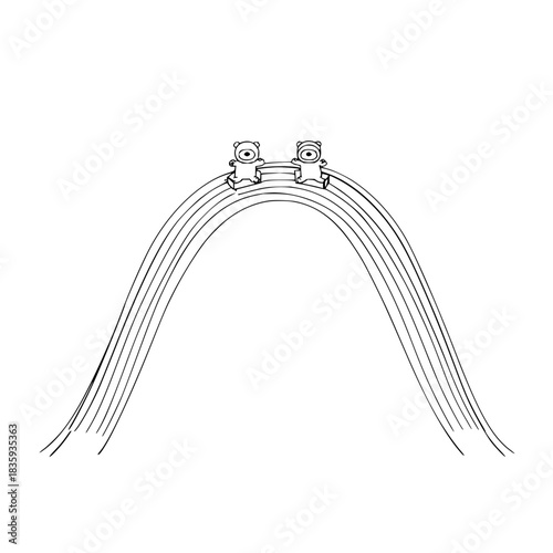 Two bears on a rainbow bridge smiling at each other in a black and white minimalist drawing style