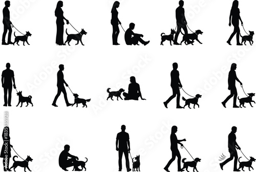Set of people walking dogs silhouettes men and women with pets on leash collection cad drawing flat vector illustration