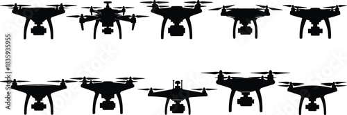 Set of ten drone and quadcopter silhouettes with cameras, representing aerial photography, technology, surveillance, delivery,