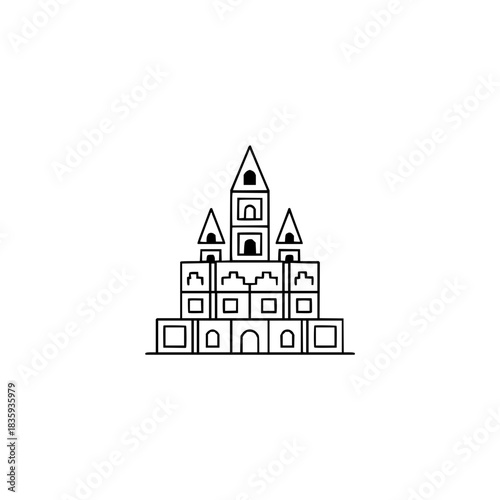 Simple line art of a castle made of blocks and towers with a minimalist design style here now