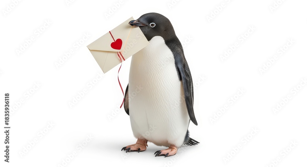 Obraz premium Adorable Penguin Holding Love Letter with Heart on White Background for Romantic Concept