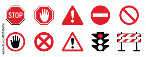Warning red and prohibition signs, including stop, hand, danger, no entry, traffic light, and barrier icons, flat vector style, suitable for safety, traffic, construction, 