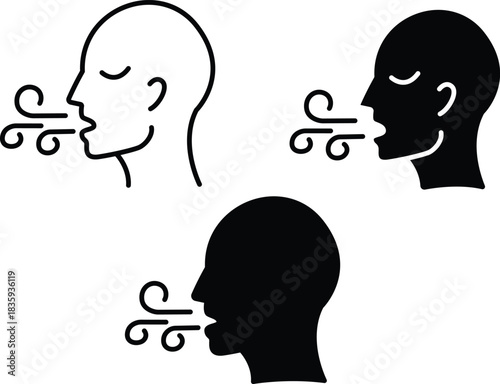 Human Head Exhale Breath Respiration Relief Relaxation Wellbeing Fresh Air Wind Icon Vector Silhouette and Pictogram..eps