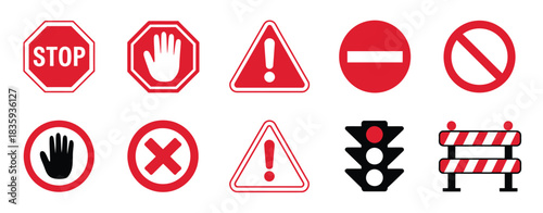 Red warning and prohibition signs, flat vector icons featuring stop, hand, danger, no entry, traffic light, and barrier symbols, ideal for safety posters, construction zones, traffic guides, and alert