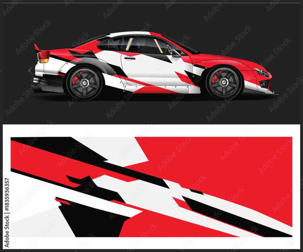 Fototapeta premium Car wrap design with abstract red white and black graphics for vehicle customization