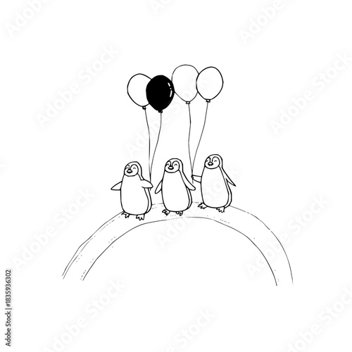 Penguins on an arch with balloons in black and white illustration for kids and adults to color