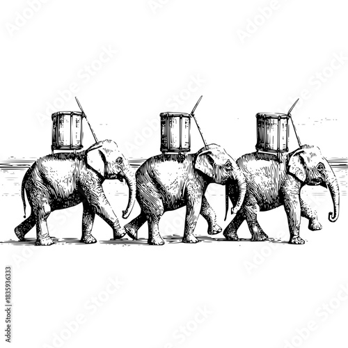 Marching elephants with drums create a whimsical parade, a sight to behold and remember forever and always