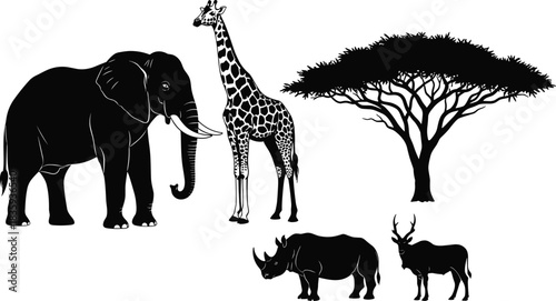 Black silhouette African elephant giraffe rhinoceros antelope and acacia tree on white background