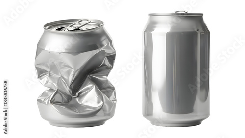 Comparison of a crushed and an intact aluminum beverage can on transparent background