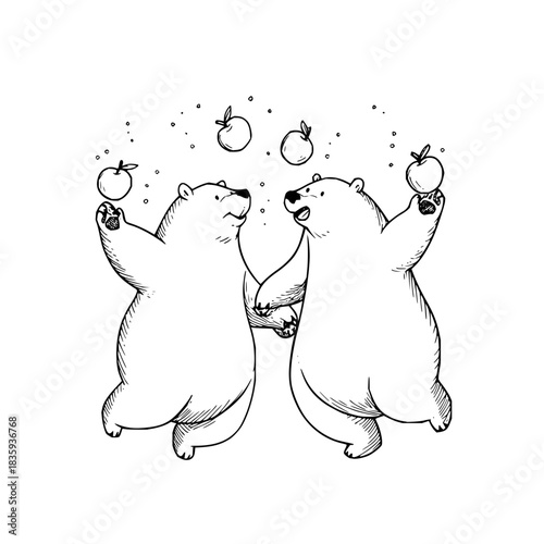 Three bears holding orbs in booths line art illustration for coloring book with simple design 100 chars