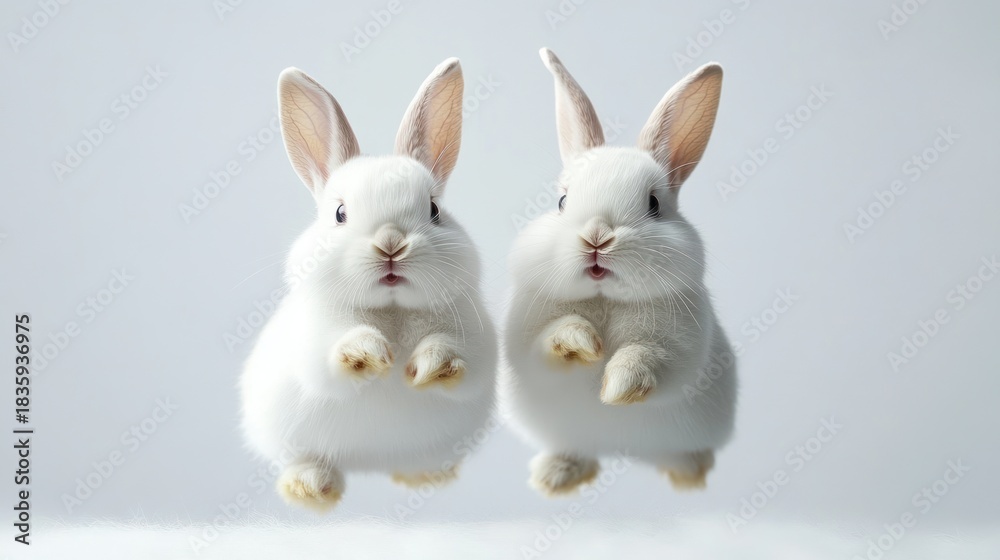 Obraz premium Two fluffy white baby rabbits jumping side by side with ears upright and alert against a plain light background