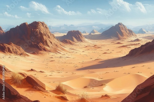Vast desert landscape with large rocky formations under a bright blue sky with scattered clouds, sparse vegetation, and warm sunlight casting shadows on dunes