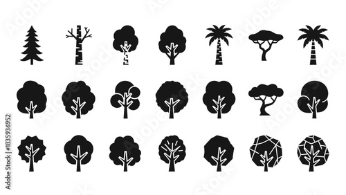 Collection of tree silhouettes in various shapes and sizes, isolated on white.