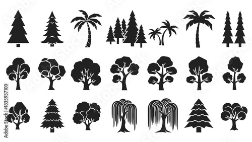 Silhouette illustrations of various types of trees, including pine, palm, and willow.