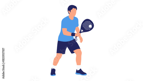 Man playing padel tennis with a racket in hand.