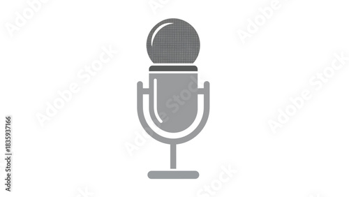 Illustration of a microphone with a rounded head and a stand, depicted in gray tones on a white background.