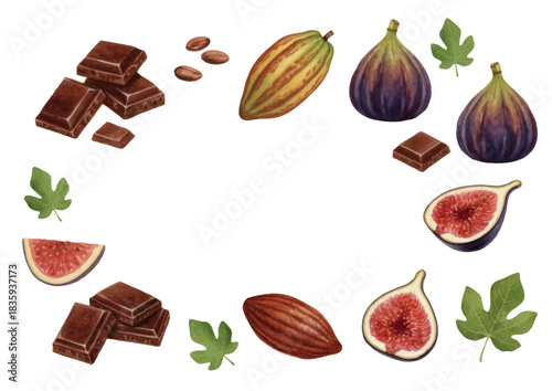 Watercolor and colored pencil style illustration of cacao, chocolate, and figs
