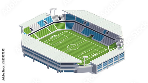 Isometric illustration of a soccer stadium with green field and blue and gray seating.
