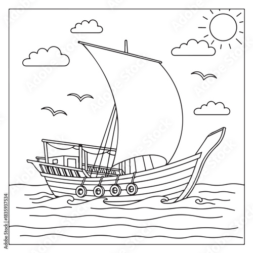 Majestic sailboat glides across wavy ocean under sunny sky with drifting clouds and soaring seagulls