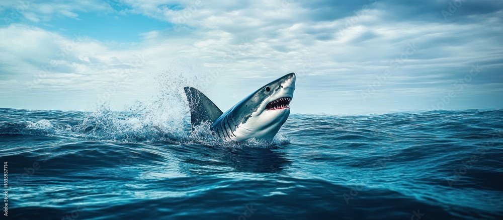 Fototapeta premium Great white shark breaching dramatically from the ocean under a cloudy sky
